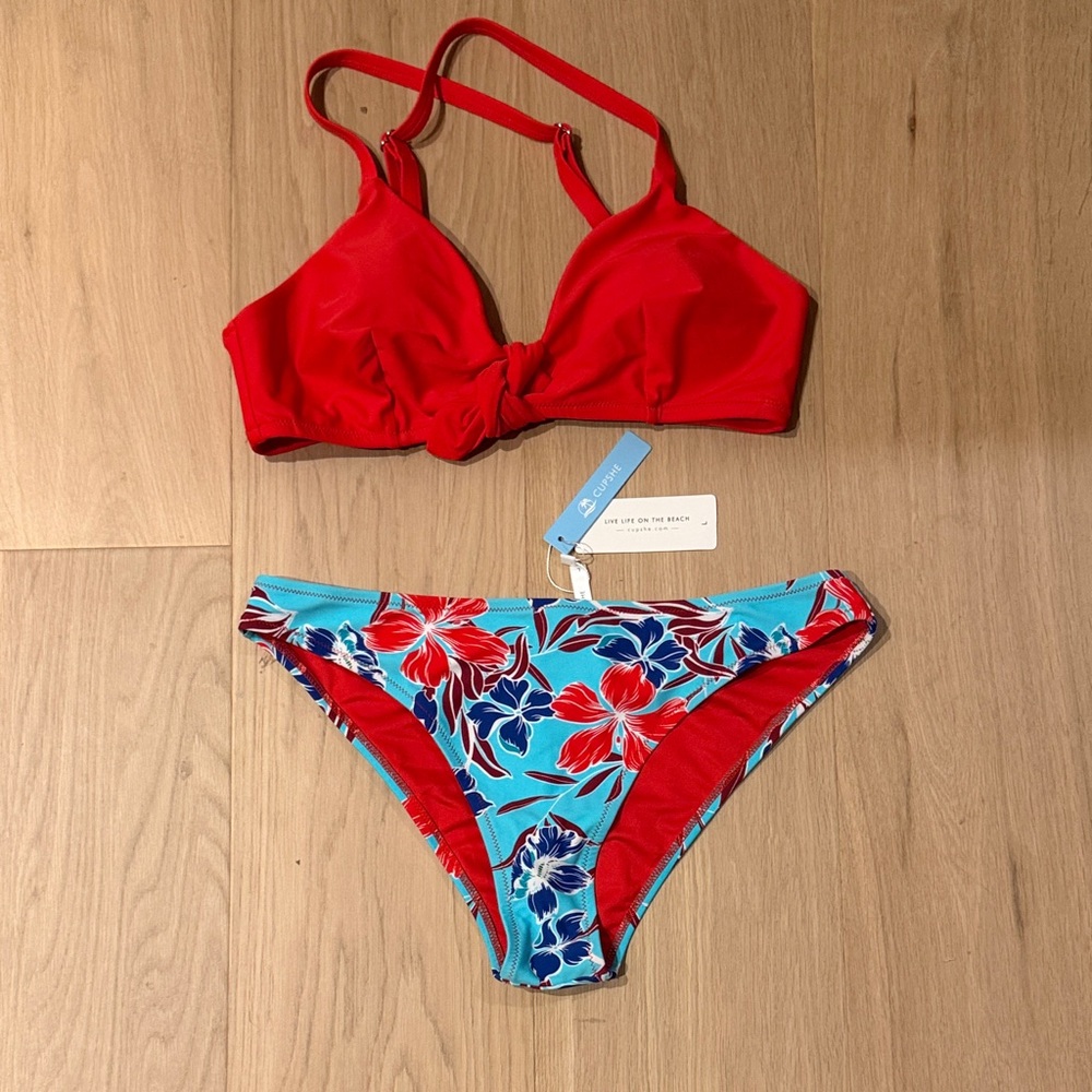 Cupshe Red Knot Bikini Top with Turquoise Floral Bottom NEVER WORN
